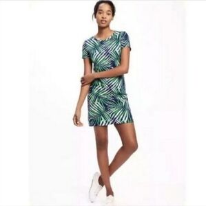 Old Navy Green & Blue Tropical Print Crew Neck Tee Dress